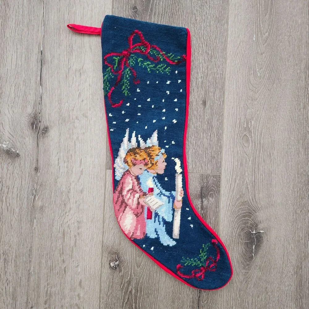 Vintage Wool Needlepoint Angel Singing Cherub Christmas Stocking Velvet back